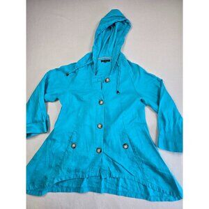 For Cynthia Womens Teal Hooded Button-Up Jacket M 100% Linen Lagenlook